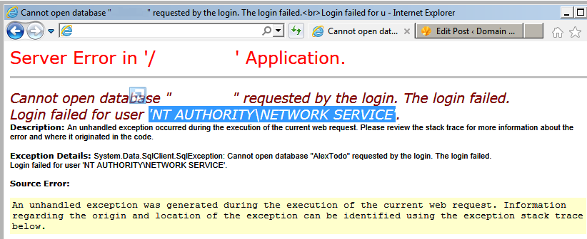 Cannot open database … requested by the login. The login failed.